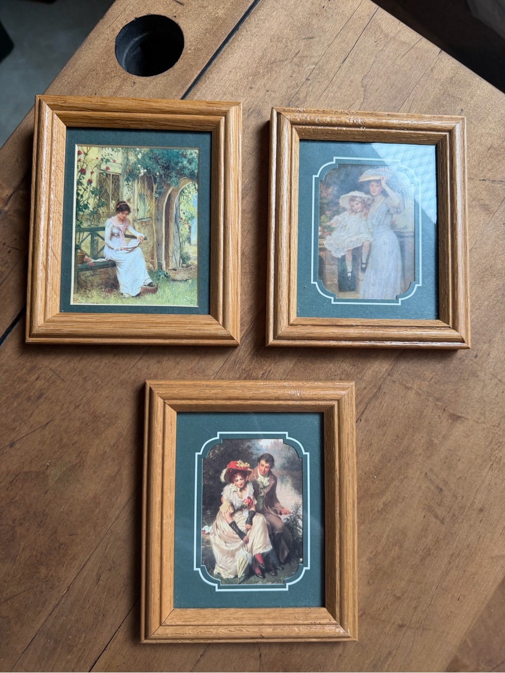 Oak Wood Framed Vintage-Style Wall Art Set - Green Mats